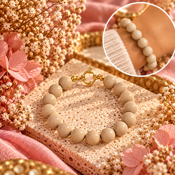 🤎 Beige Kralenarmband met Goudkleurige Sluiting