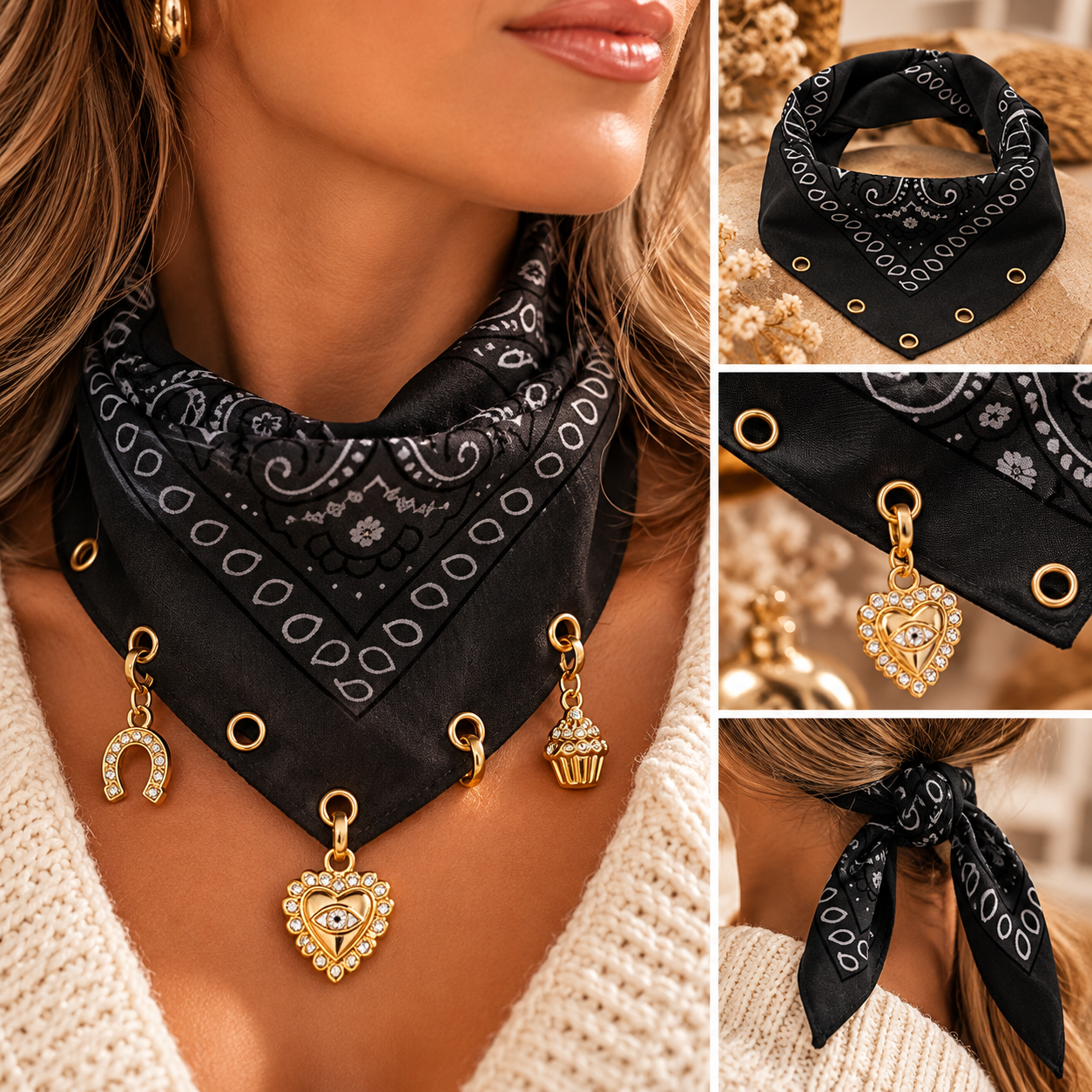 🖤 Zwarte Bandana / Sjaaltje met Goudkleurige Ringen