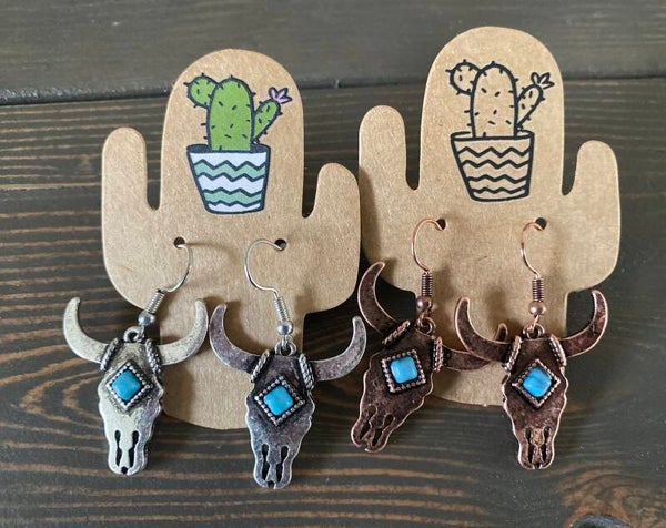 Western Turquoise Skull Dangle Earrings