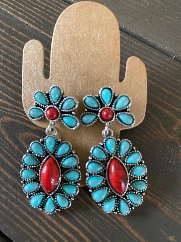 Red and Turquoise Floral Cluster Western Dangle Earrings