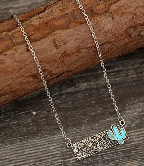 Western Turquoise Cactus Tooled Bar Necklace