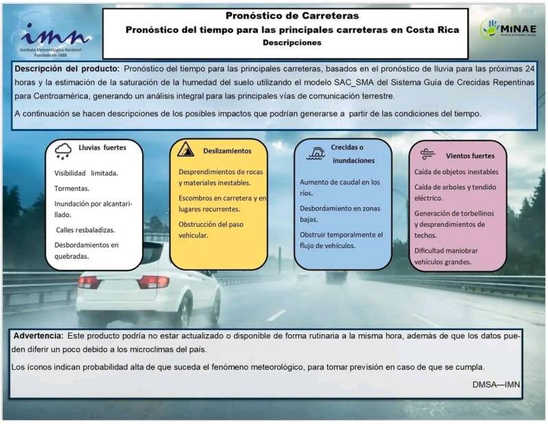 Example of road condition alerts published by the IMN Costa Rica