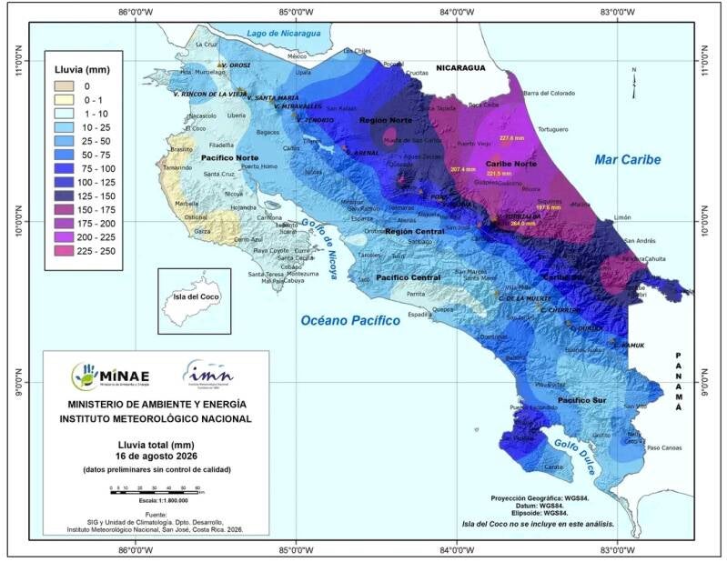 Example of a rain report published by the IMN Costa Rica