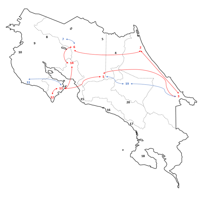 The East-West Itinerary Map Costa Rica