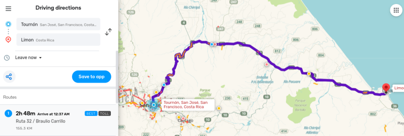 Waze Map Ruta 32 Costa Rica 
