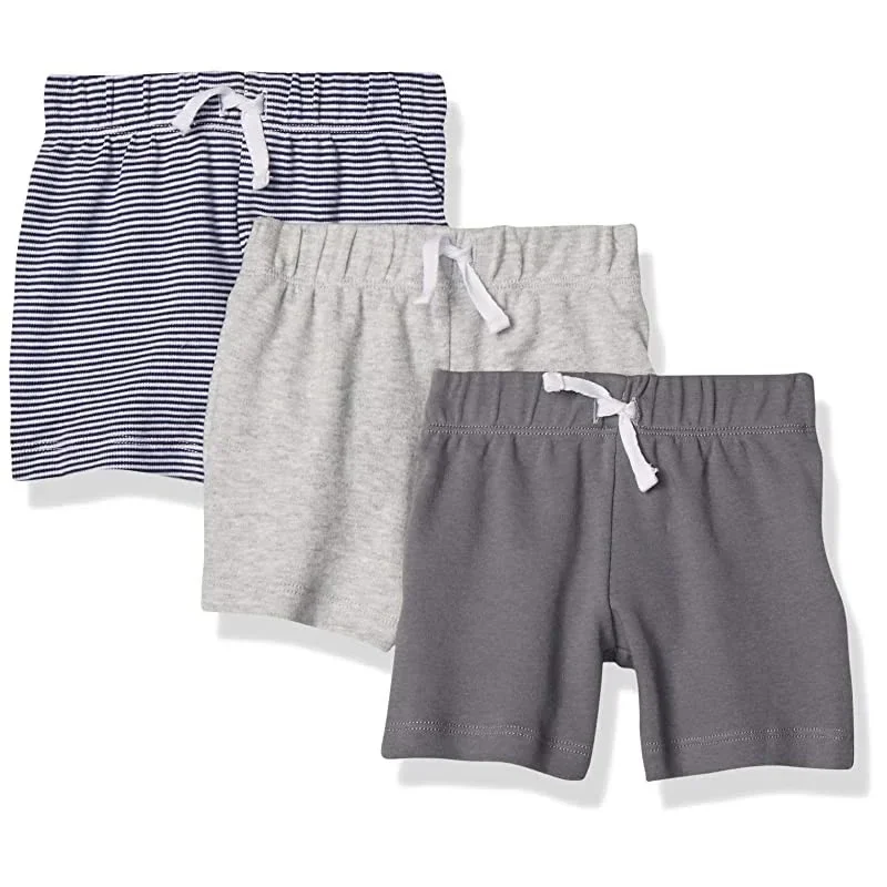 Amazon Essentials Short en coton avec taille élastique unisexe pour bébé, lot de 3, noir/gris, rayures, 3-6 mois