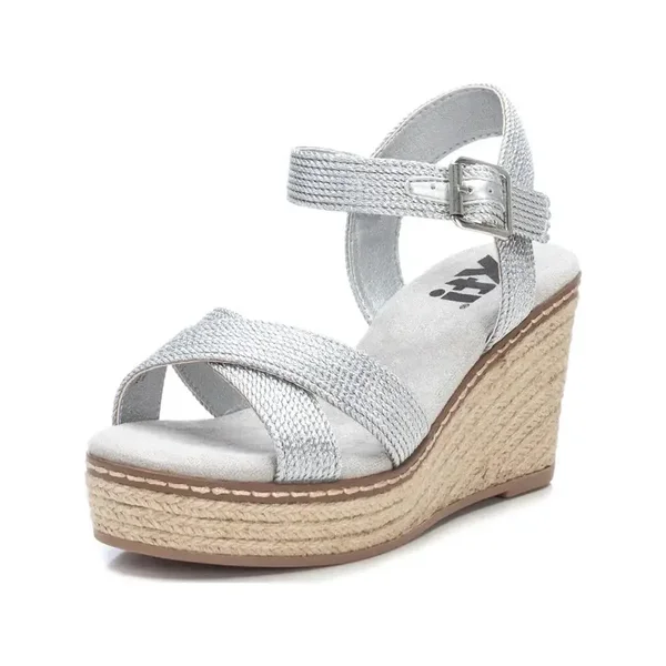 Taille : 39 (ES) - XTI 45173 Sandales compensées femme argenté, textile, jute, véganes, 7cm