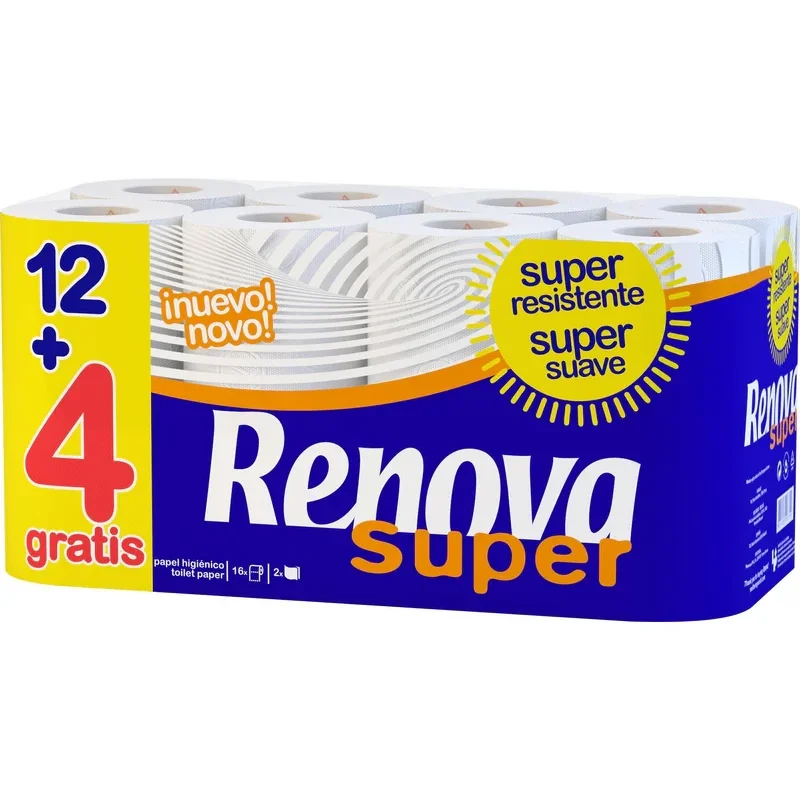 Renova Papier Hygiénique Blanc, Pack de 16 Rouleaux, Doux, Absorbant et Résistant, Double Épaisseur Emballage Endommagé