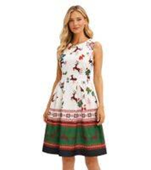 Robe de soirée élégante sans manches pour femme, imprimé festif et jupe évasée
