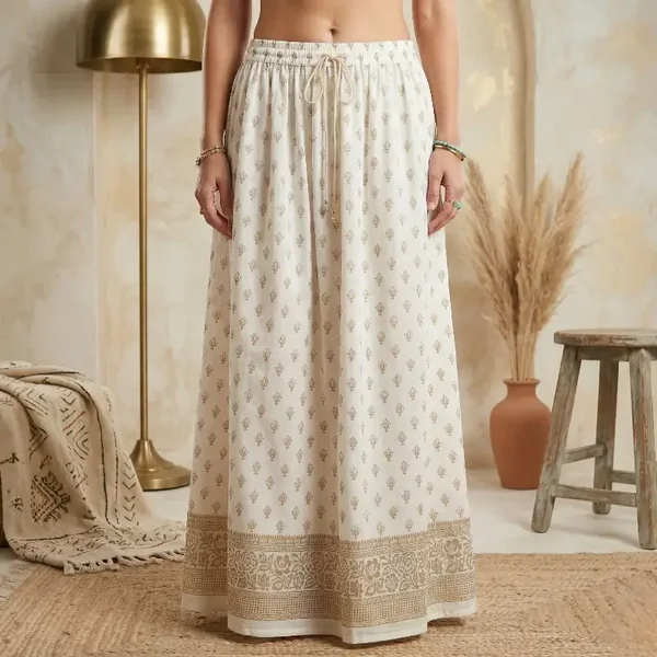 Jupe Longue Blanche & Dorée “Boho-Chic” – 100% Rayonne Fabriquée en Inde