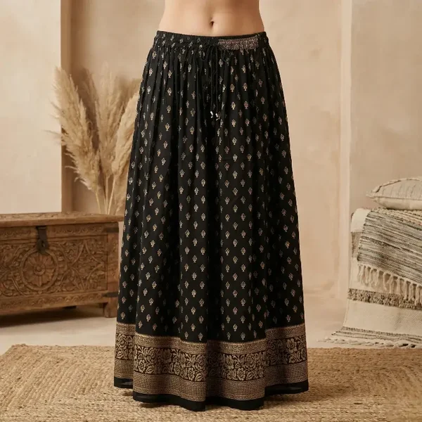 Jupe Longue Noir & Dorée “Boho-Chic” – 100% Rayonne Fabriquée en Inde