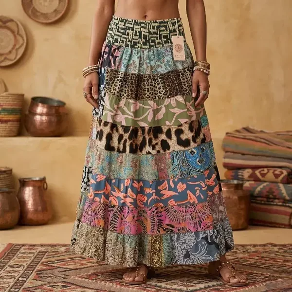 Jupe Longue Patchwork en Soie Premium – Pièce Unique – Fabriquée En Inde