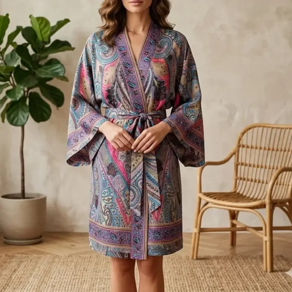 Kimono Court en Soie “Santi” Imprimé Cachemire Bleu & Violet d’INDE