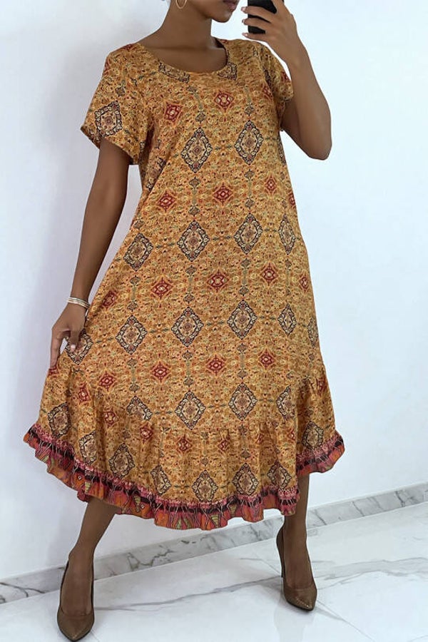 Robe longue moutarde à manches courtes et imprimé coloré