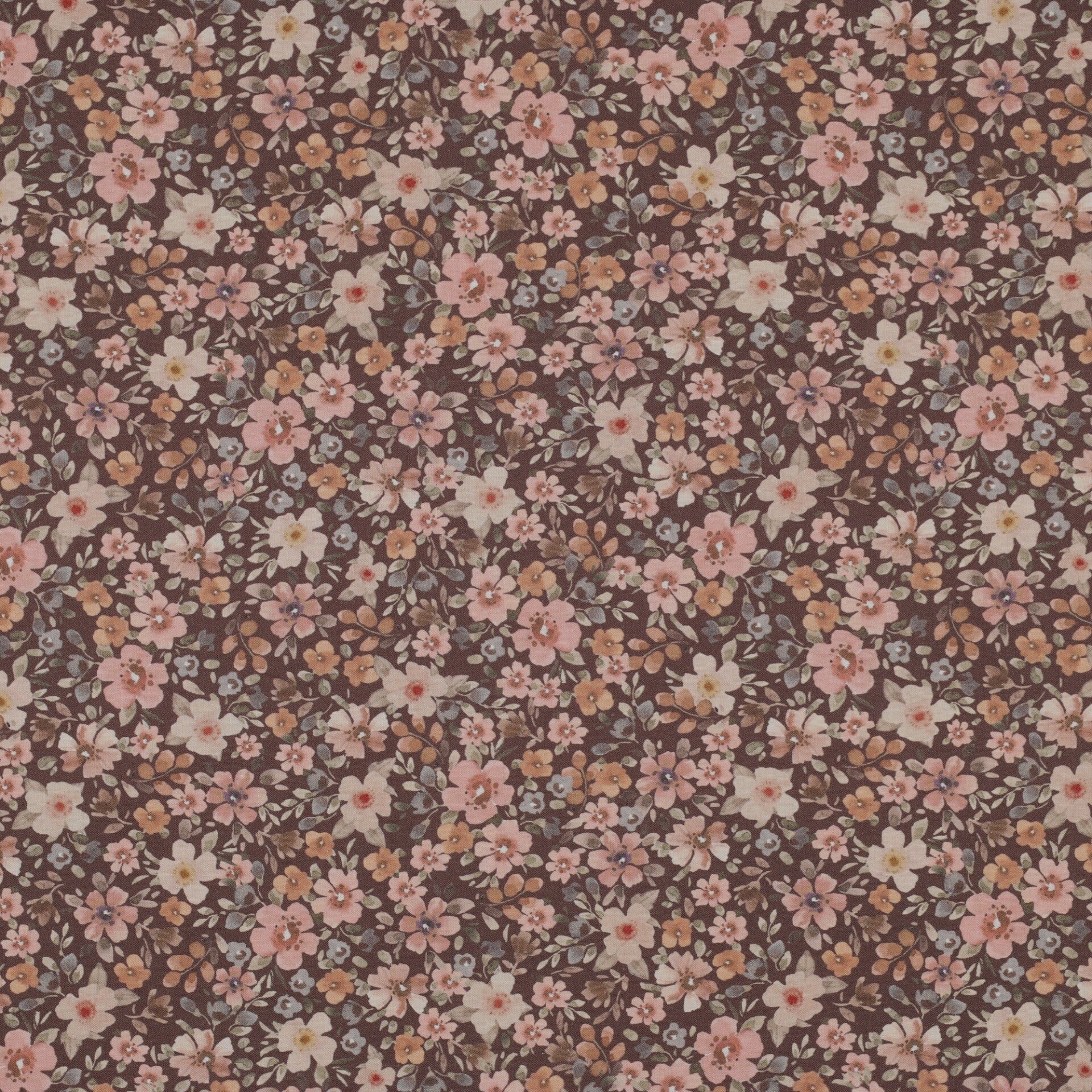 Poplin Katoen Bloemen Bruin  – Verhees Textiles