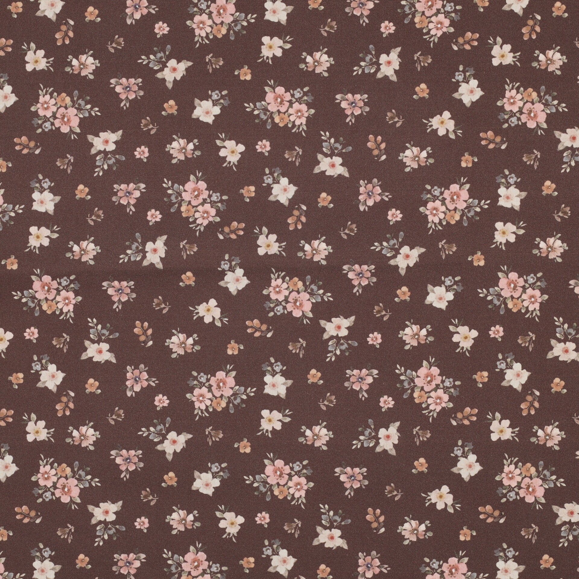 Poplin Katoen Bloemen Donkerbruin  – Verhees Textiles