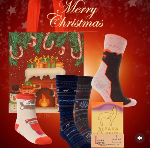 Alpaka-Weihnachtsgeschenkset – mit Alpaka-Socken & Alpaka-Seife vom Fosserhof