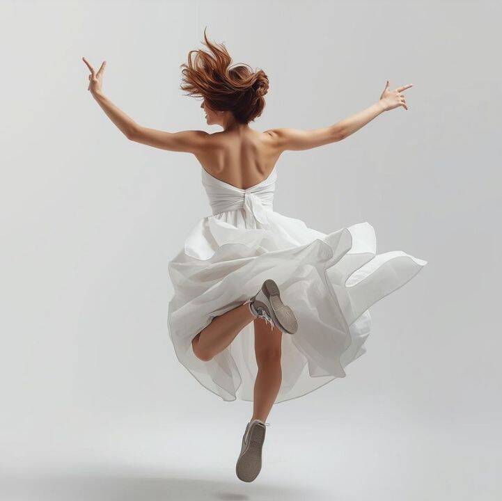 Die Braut joggt durch einen Park und geniesst die Natur.