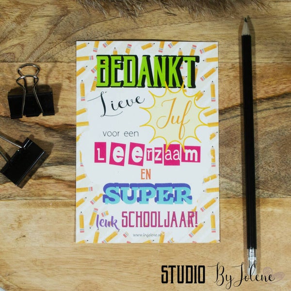 Kaart bedankt juf kleurrijk