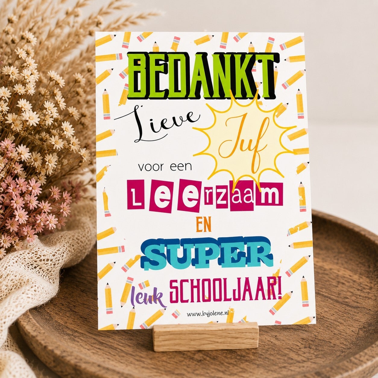 Kaart bedankt juf kleurrijk