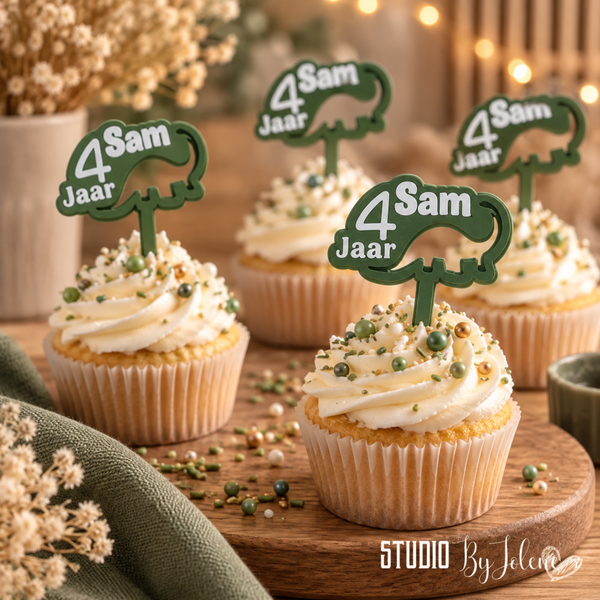 24 cupcake toppers dino met naam en leeftijd