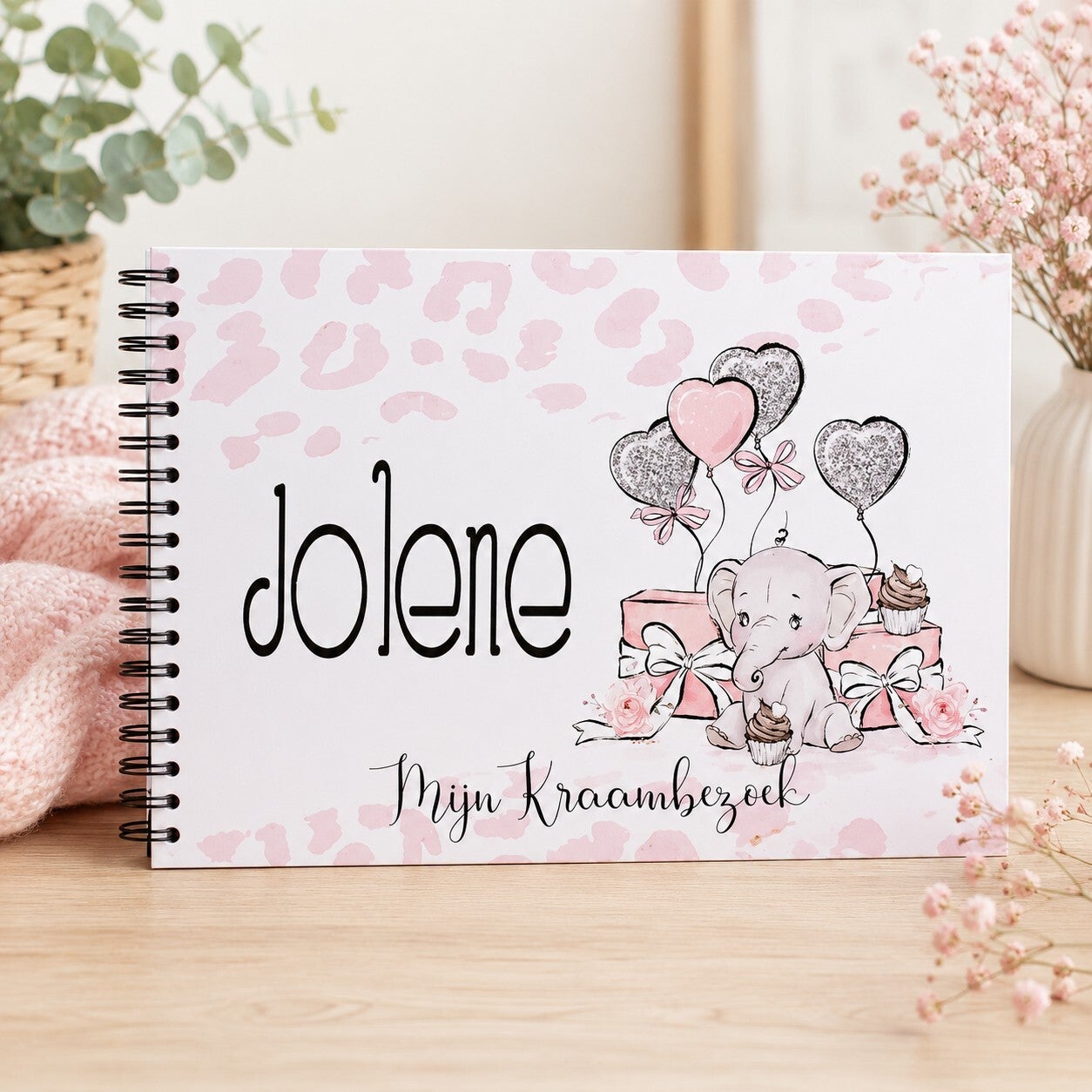 Mijn kraambezoekboek met naam || olifant roze