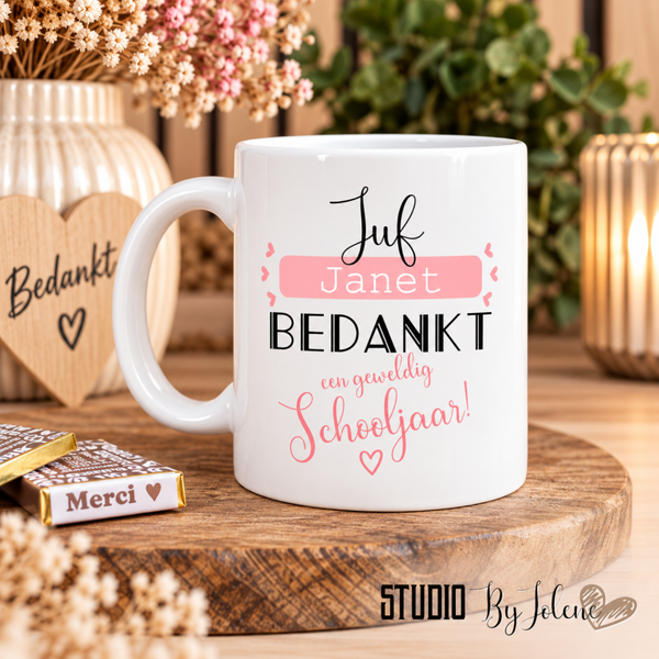 Juf bedankt mok – gepersonaliseerd met naam