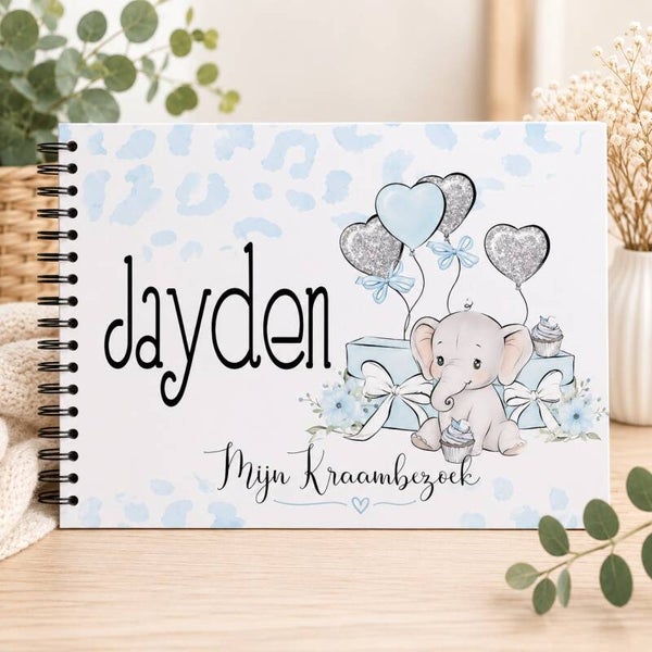 Mijn kraambezoekboek met naam || olifant blauw