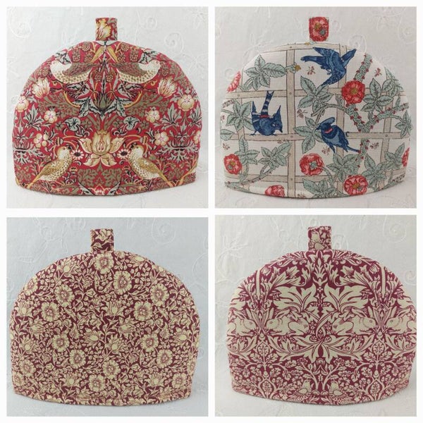 William Morris Red Tea Cosies, Strawberry Thief, Brer Rabbit, Mallow Wine, Trellis