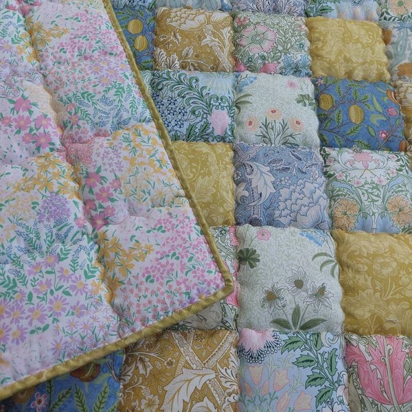 William Morris Patchwork Quilt, Traditional Handmade Granny-Square Style