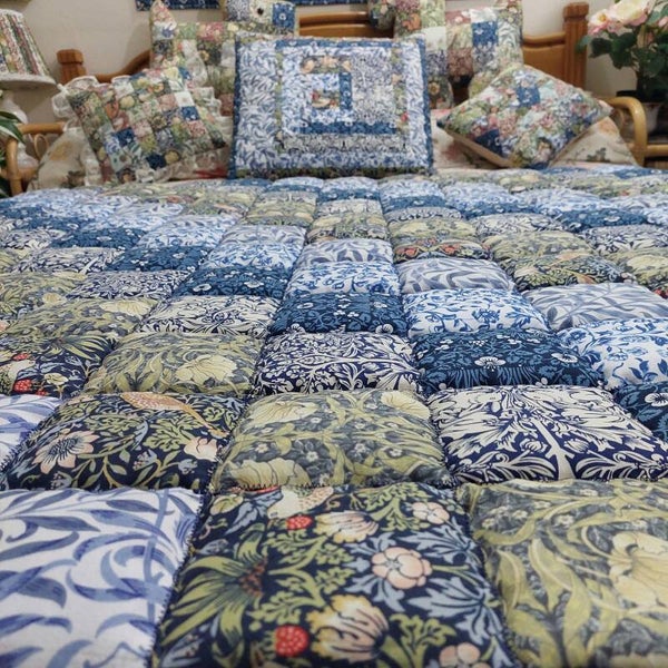 William Morris Patchwork Quilt, Handmade Granny-square Throw