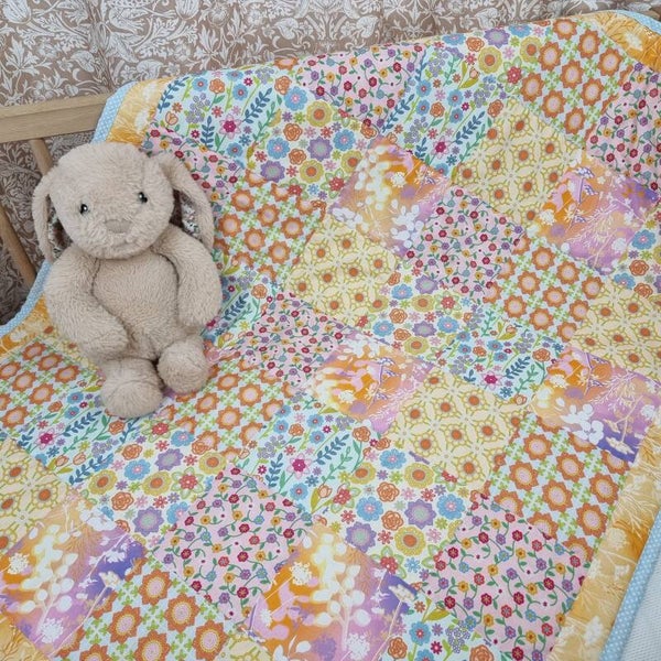 Patchwork Baby Quilt, 100% Cotton. Bright & Cheerful, Handmade in England.