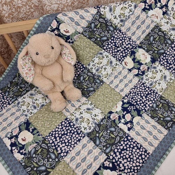 Patchwork Baby Quilt, 100% Cotton. Handmade in England. Blues & Green