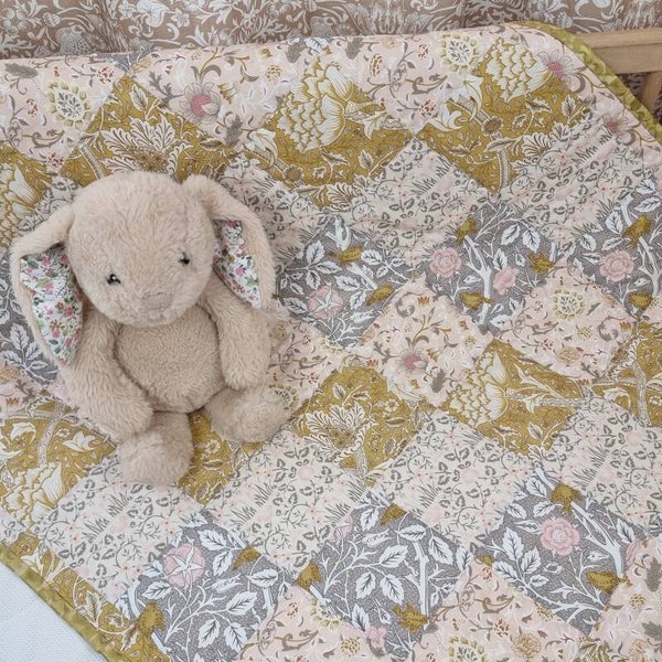 Patchwork Baby Quilt, Four William Morris Designs. Gold & Blush.