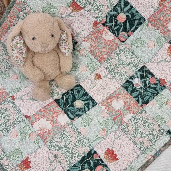 Patchwork Baby Quilt, Six William Morris Designs. Peach & Green