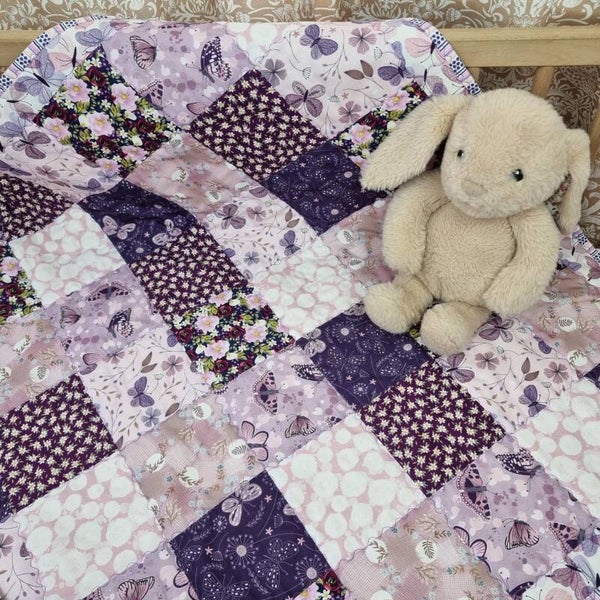 Baby Quilt, Traditional Patchwork, 100% Cotton. Pink, Mauve, Purple