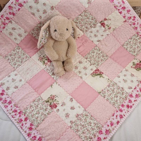 Patchwork Baby Quilt, 100% Cotton. Handmade in England. Pink