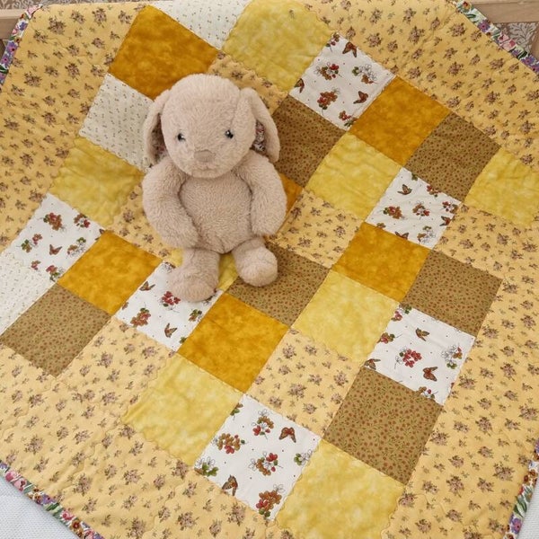 Baby Quilt, 100% Cotton. Handmade in England. Ochre Yellow