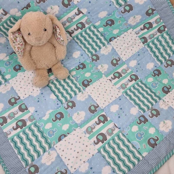 Baby Quilt, 100% Cotton. Handmade in England. Blue, Green, Grey Elephants