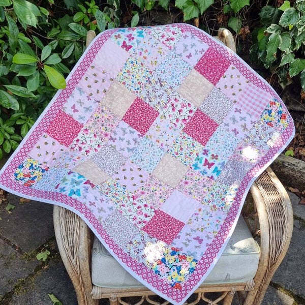 Handmade Patchwork Baby Quilt, Cotton, Pink Floral