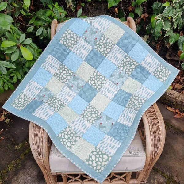 Handmade Patchwork Baby Quilt, Cotton, Turquoise Chickens