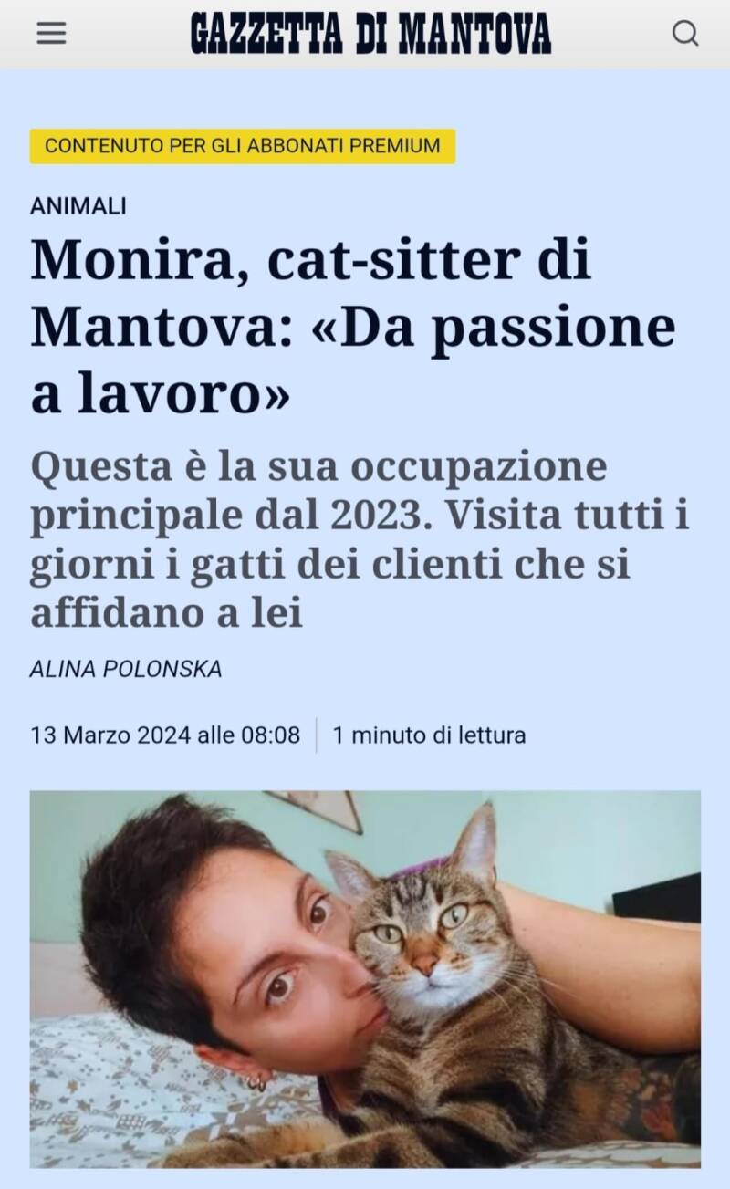 Articolo gazzetta di Mantova del 13 marzo 2024: cat sitter, da passione a lavoro