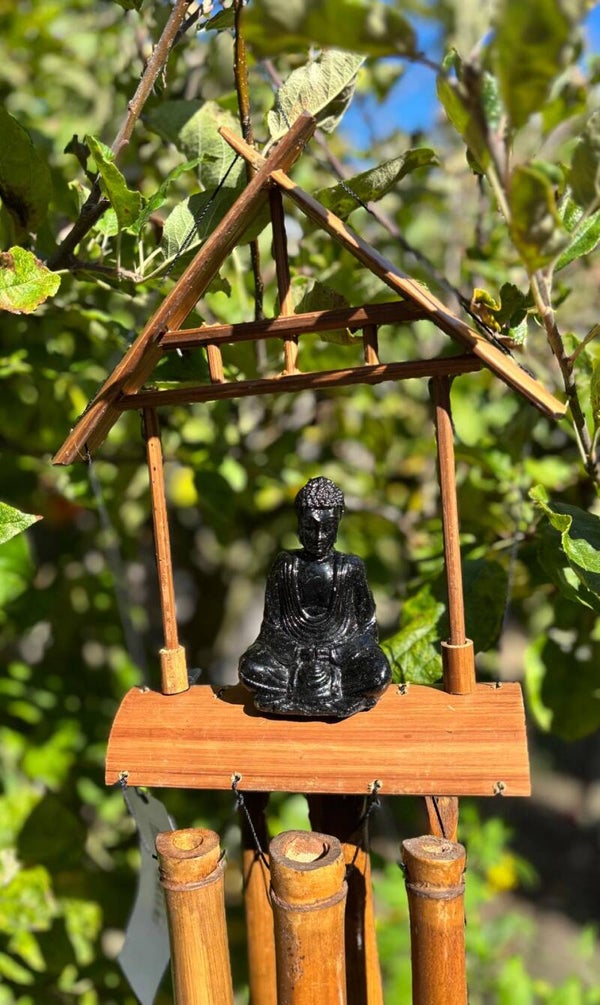 Bamboo Windgongen - Natuurlijke Afwerking - Zwart Boeddha 6 Buizen