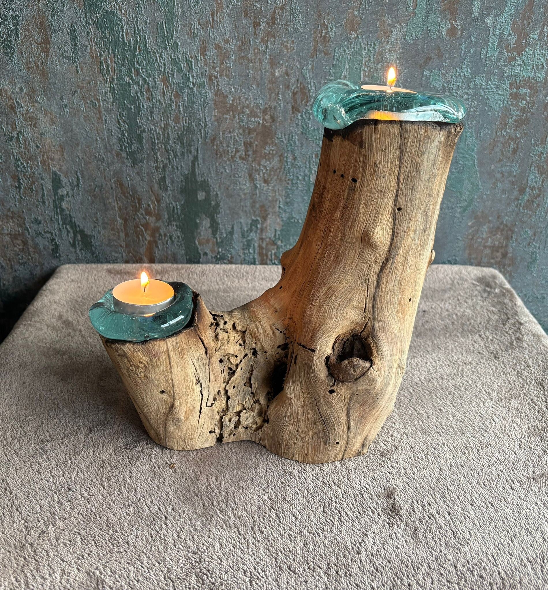 Gesmolten Glas op Hout - Dubbele Kaarshouder