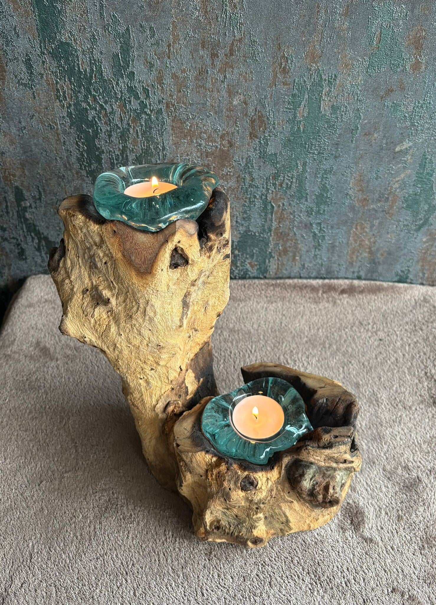 Gesmolten Glas op Hout - Dubbele Kaarshouder