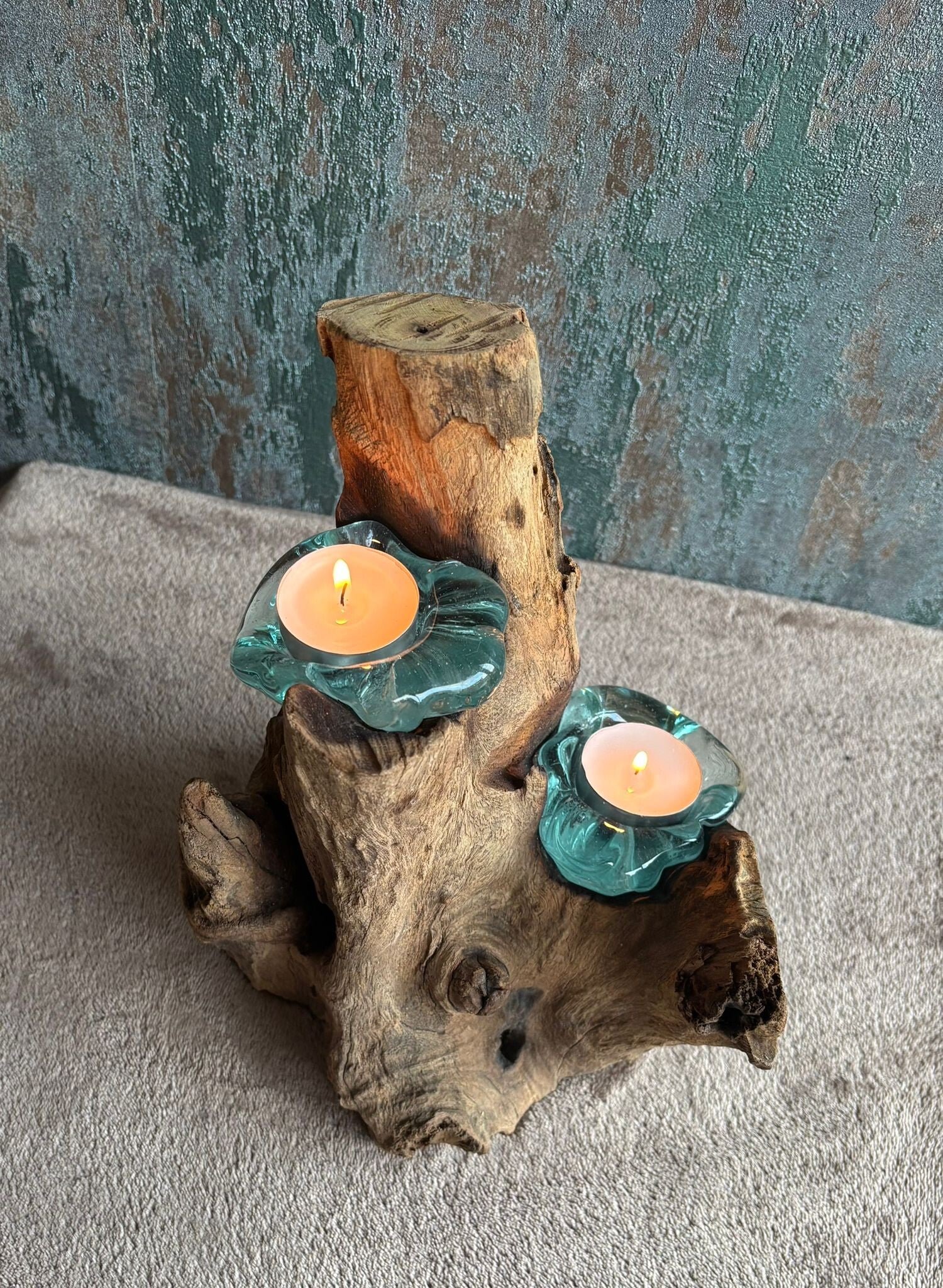 Gesmolten Glas op Hout - Dubbele Kaarshouder