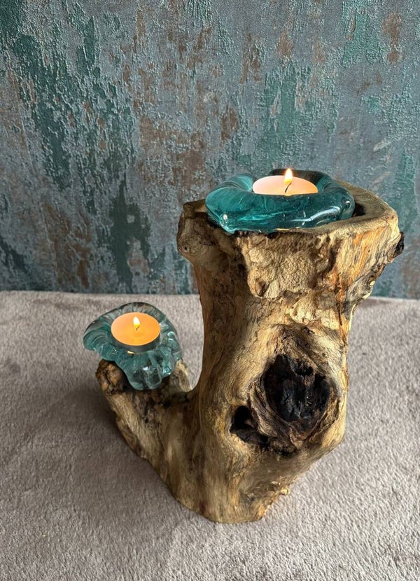 Gesmolten Glas op Hout - Dubbele Kaarshouder