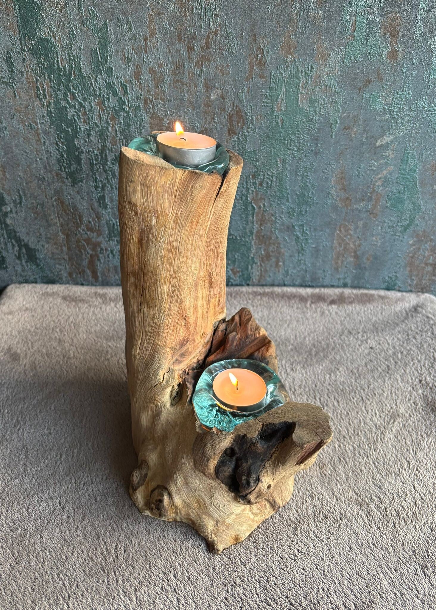 Gesmolten Glas op Hout - Dubbele Kaarshouder