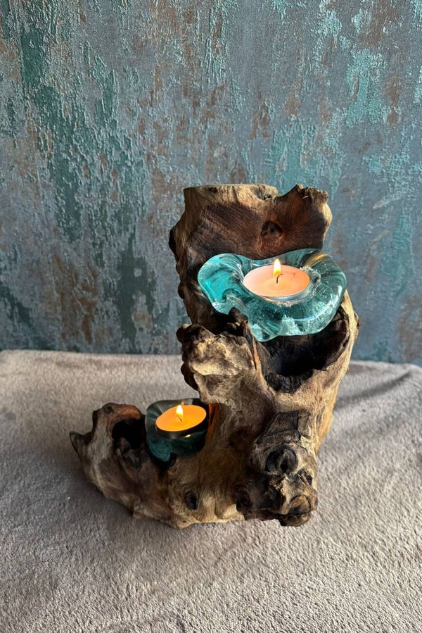 Gesmolten Glas op Hout - Dubbele Kaarshouder