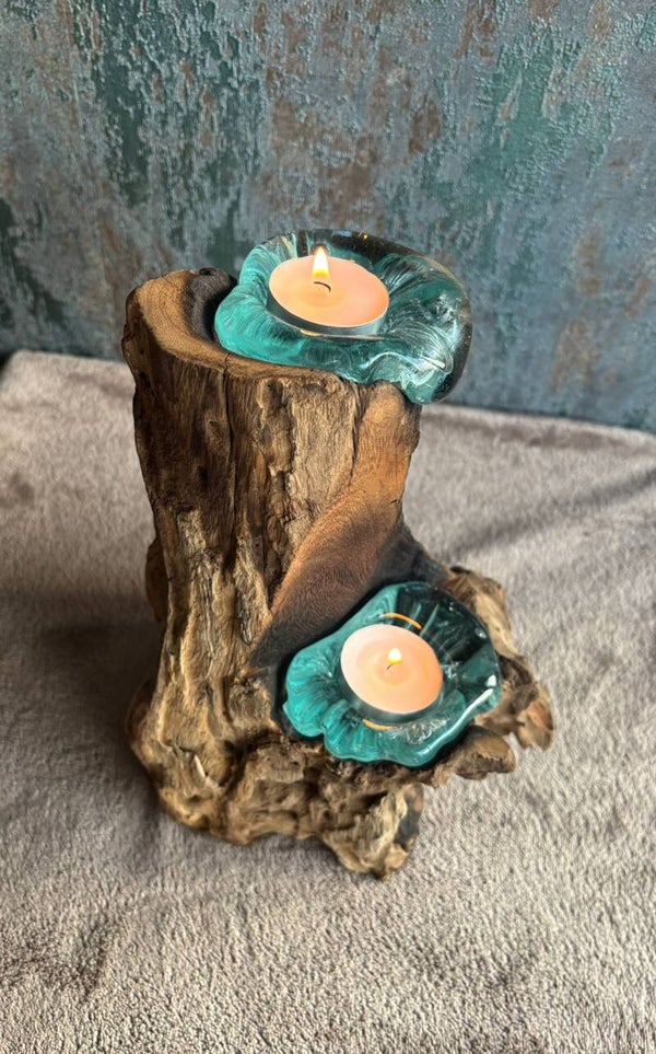 Gesmolten Glas op Hout - Dubbele Kaarshouder